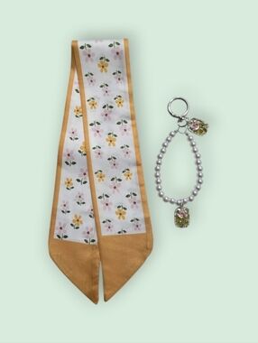 Yellow Floral Ribbon Scarf & Pearl Keychain Set